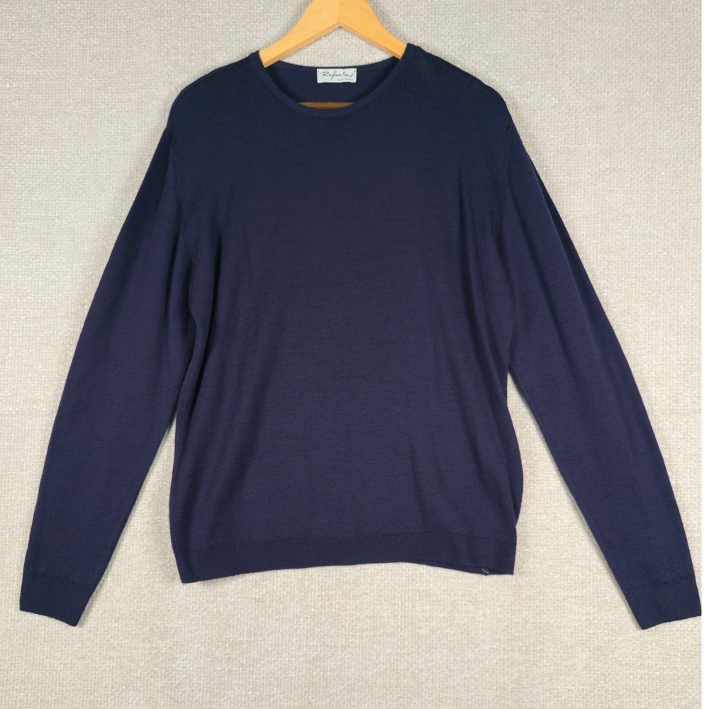 RAFFAELLO Italy Men Navy Blue 100% Merino Wool Crew Neck Sweater L Fits Medium